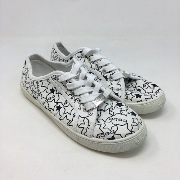 Bebe Women's Sneakers White Black Size 8.5 Daney Canvas Stars Logo Print Lace Up - Picture 1 of 8